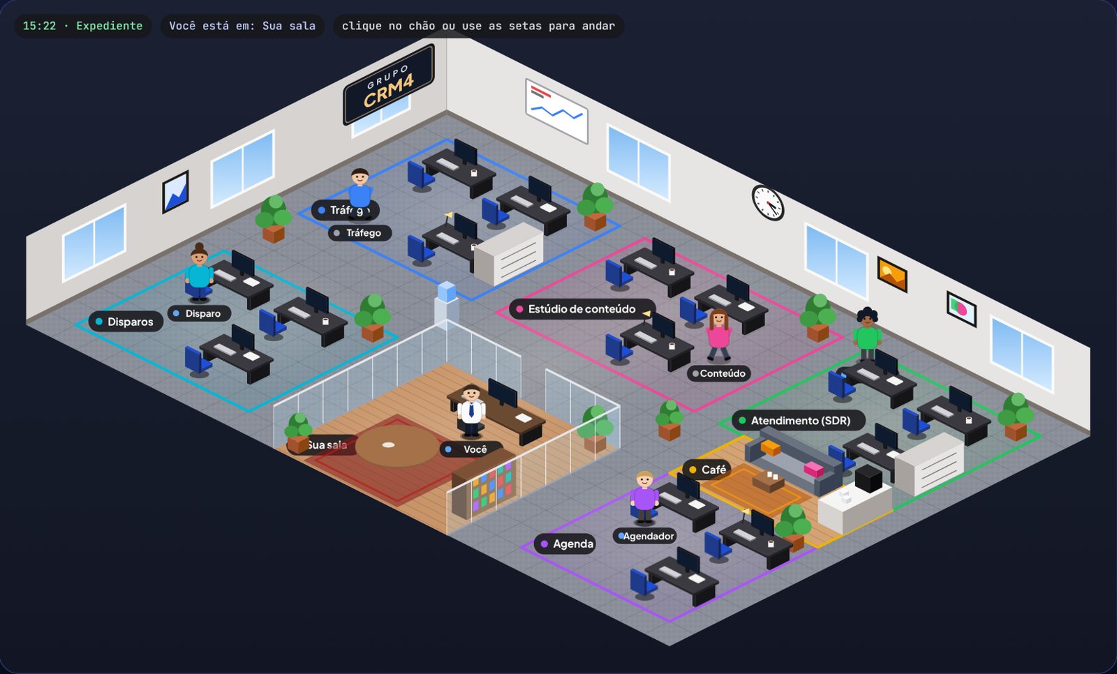 Escritório virtual com os agentes trabalhando em suas mesas